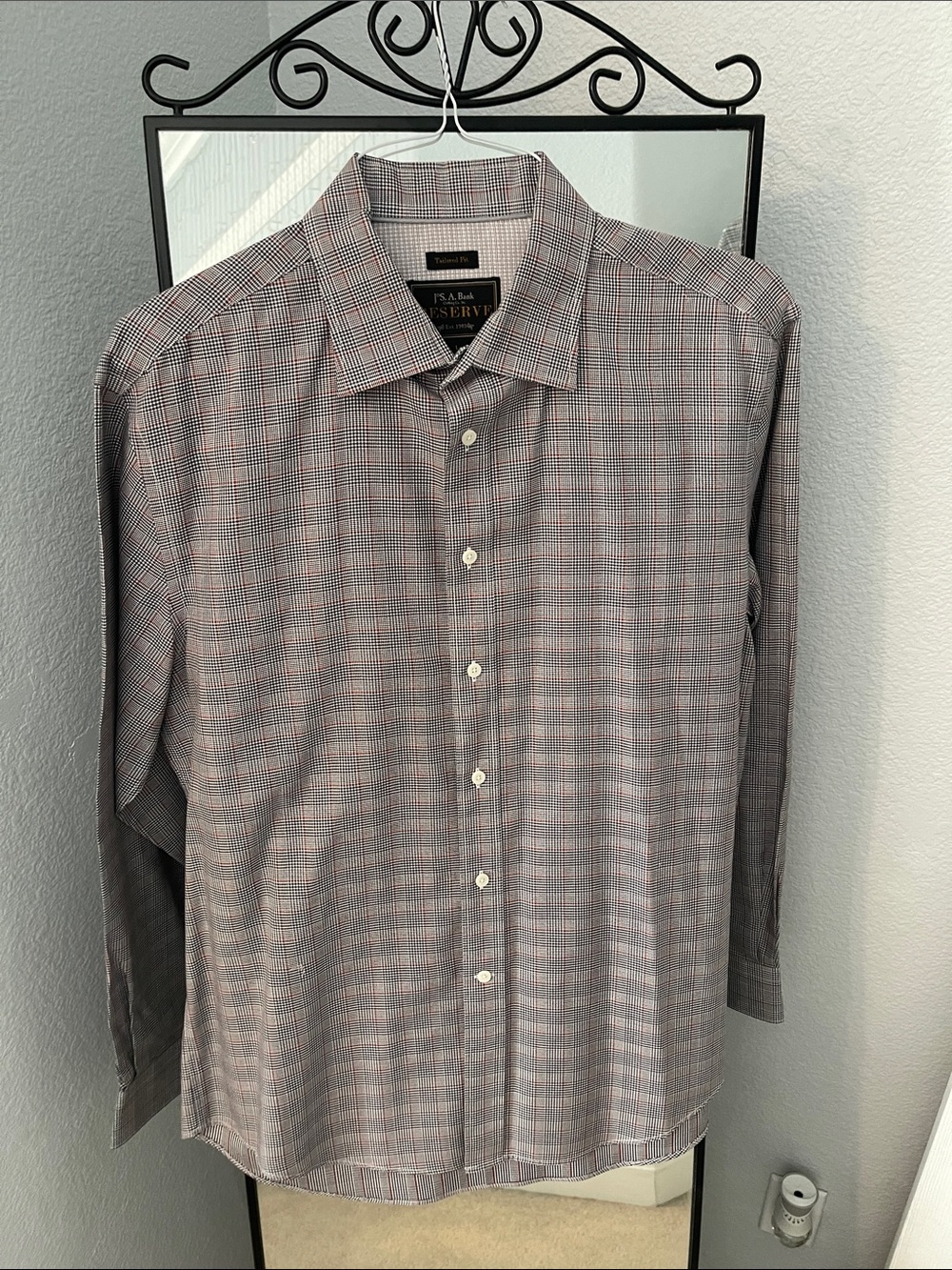 Jos. A. Bank Reserve Men's Black Plaid Dress Shirt with Subtle Red Accents